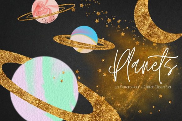 Celestial Charm: Designing with Gold Glitter and Watercolour Planets